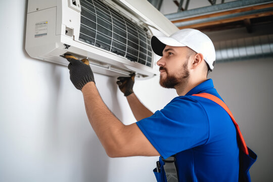 HVAC technician installing a mini split air conditioner in North Highlands