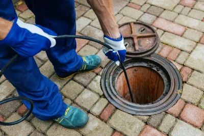 Plumber cleaning an outdoor sewer drain in North Highlands