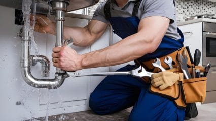 Plumber repairing pipes beneath a sink in North Highlands